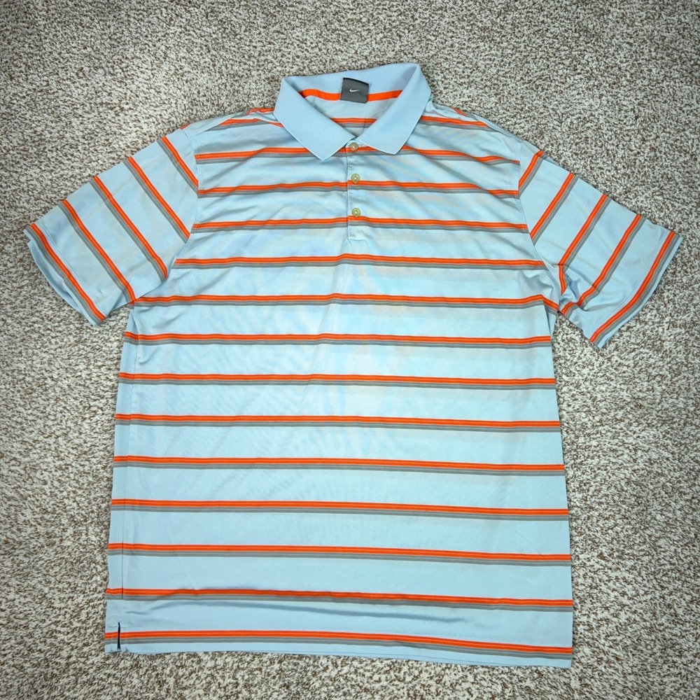 Nike Golf Polo Shirt Mens XXL Blue Orange Striped Dri FIT Tour Performance Logo